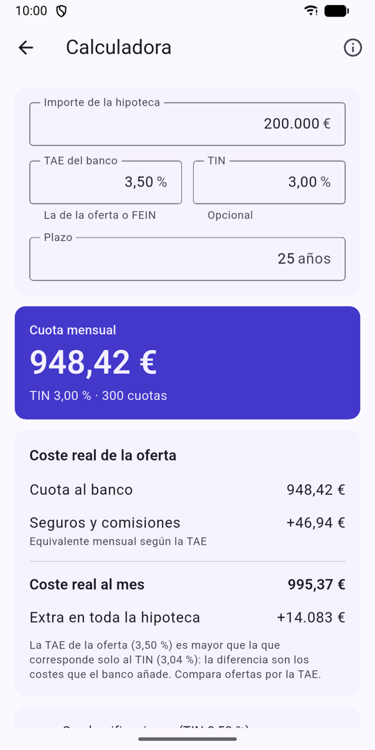 Calculadora de Hipoteca Clara: cuota mensual de 948,42 € y coste real de la oferta