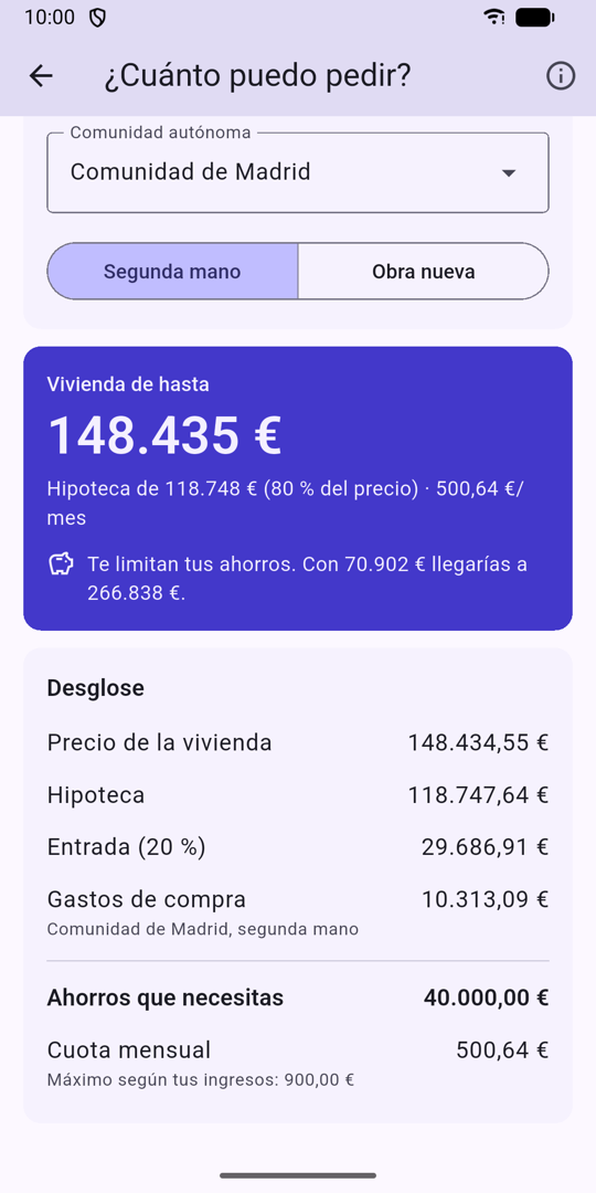 Precio máximo de vivienda según ingresos y ahorros