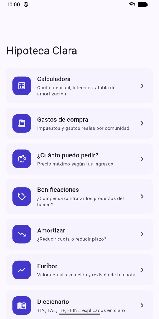 Pantalla de inicio con los siete módulos
